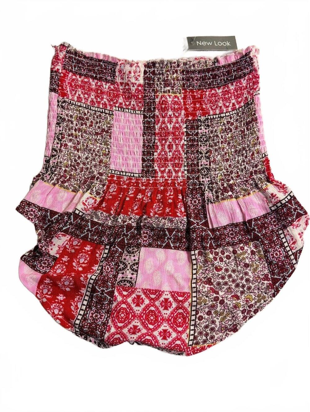 New Look Boho Patchwork Tiered Peasant Blouse Pink Red Ruffle Festival Small